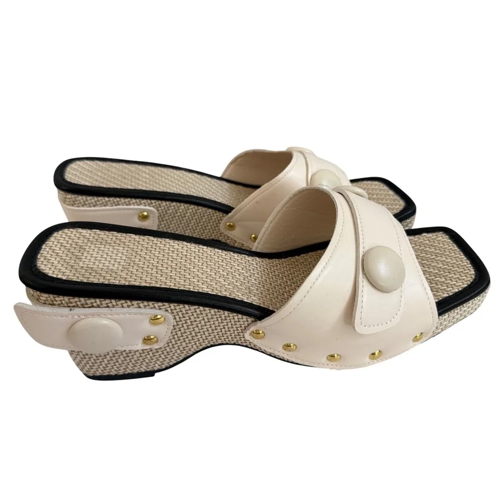 Cream Button Raffia Platform Slide‎ Sandals Square Toe Wedge Heels Size 42 US 9